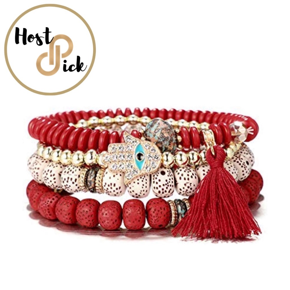 Red Evil Eye Hamsa Stackable Stretch Bracelets - Picture 1 of 7